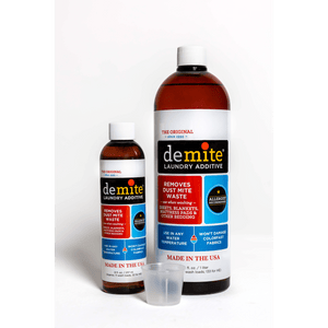 De-mite laundry additive eliminates dust mite waste allergens in bedding and washable clothing that laundering in regular detergent alone does not do.